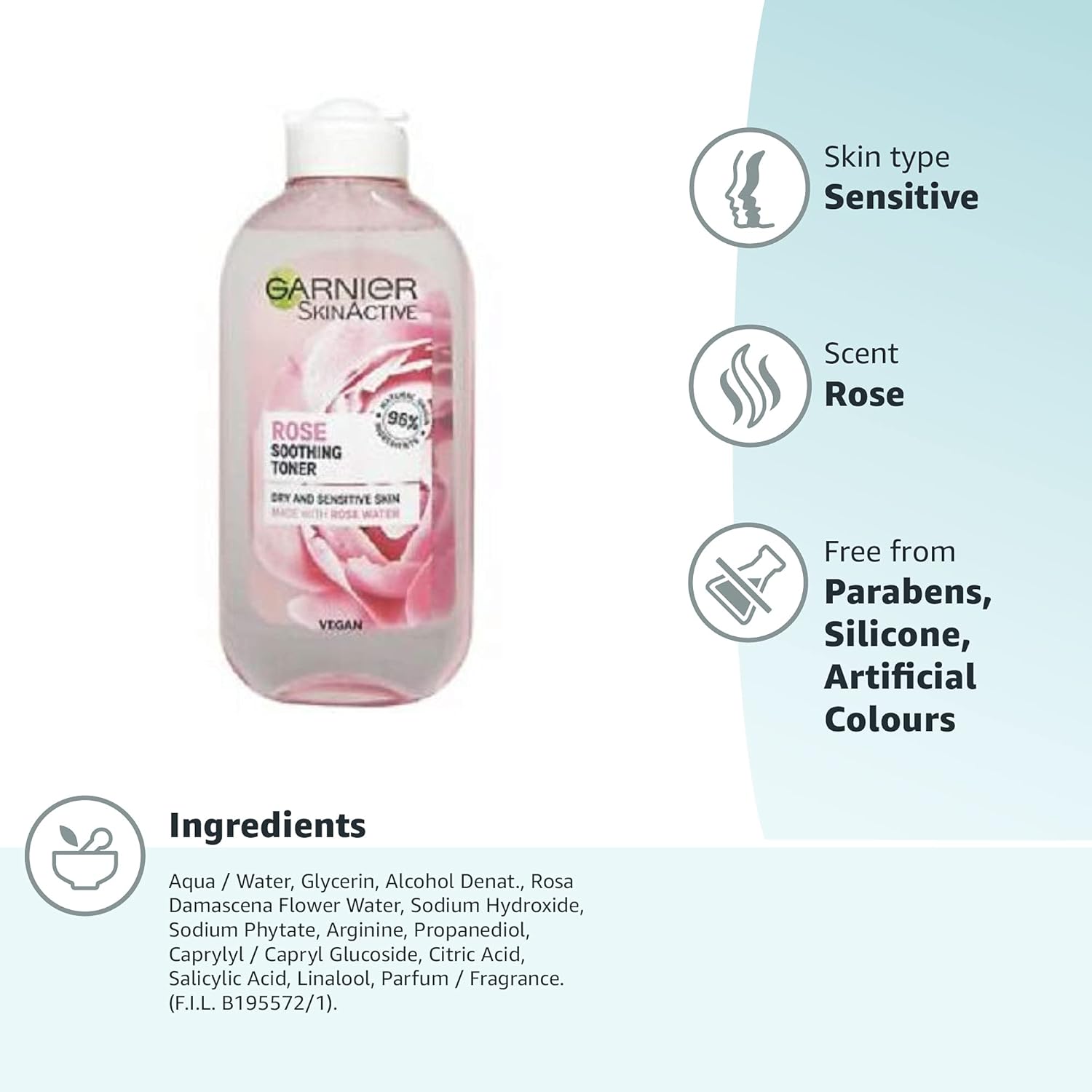 Garnier Natural Rose Water Toner Sensitive Skin 200Ml (Packaging May Vary)